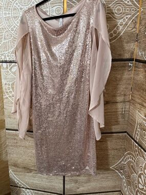NY Collection Rose Gold Sequin Dress with Chiffon Long Sleeves